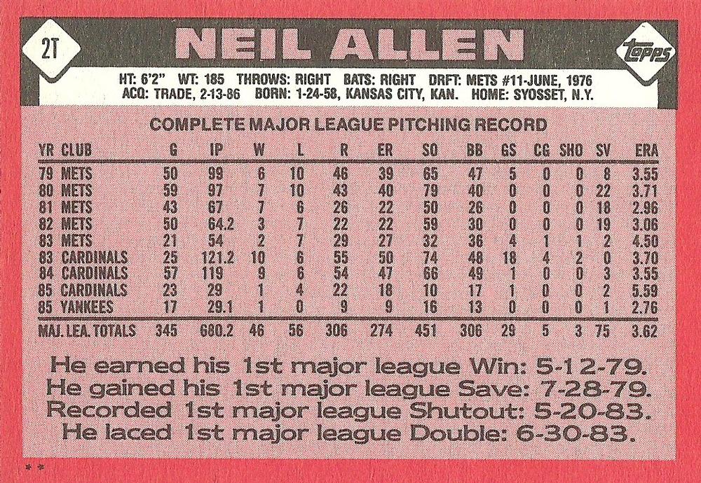 Neil Allen  baseball card collectible - Main Image 2