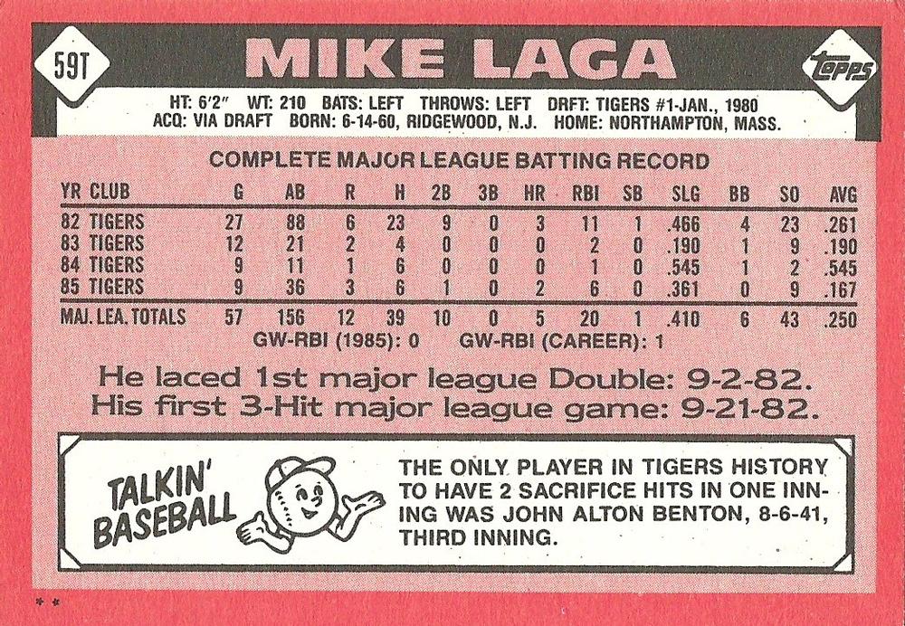 Mike Laga  baseball card collectible - Main Image 2