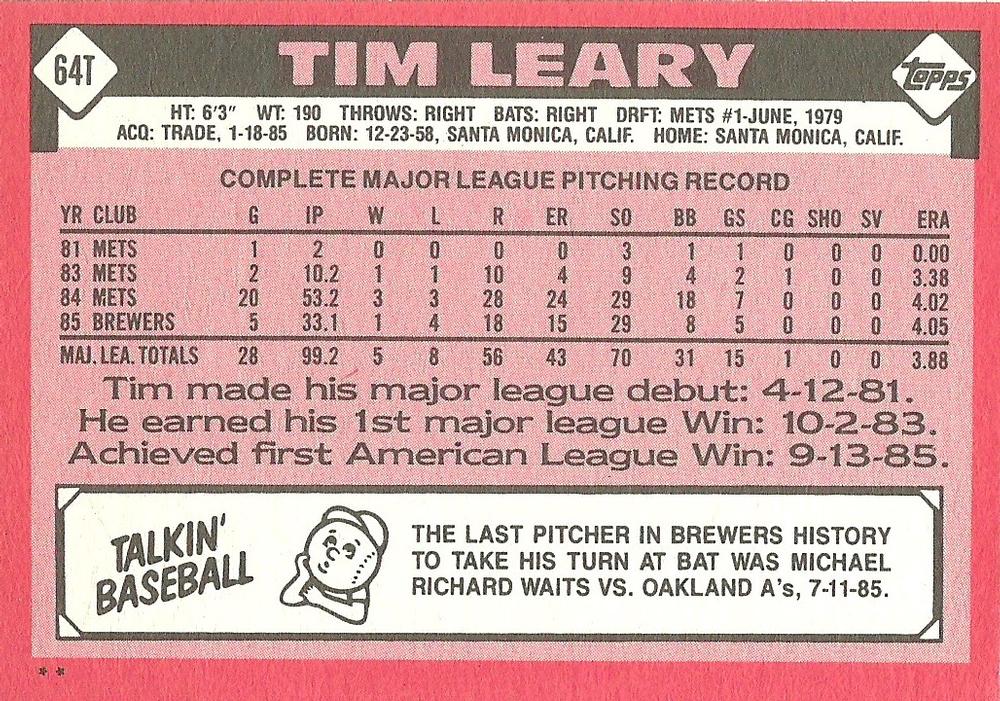 Tim Leary  baseball card collectible - Main Image 2