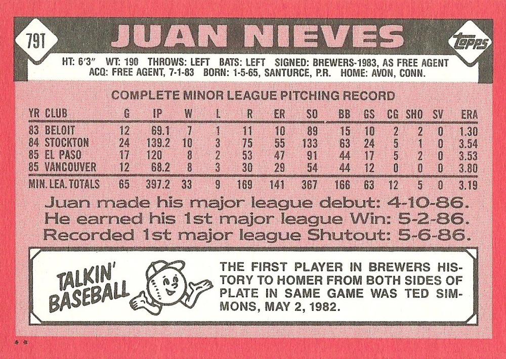Juan Nieves  baseball card collectible - Main Image 2