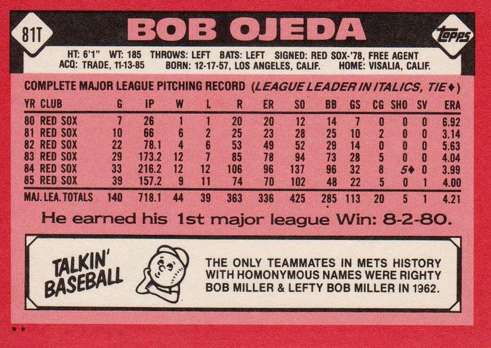 Bob Ojeda  baseball card collectible - Main Image 2
