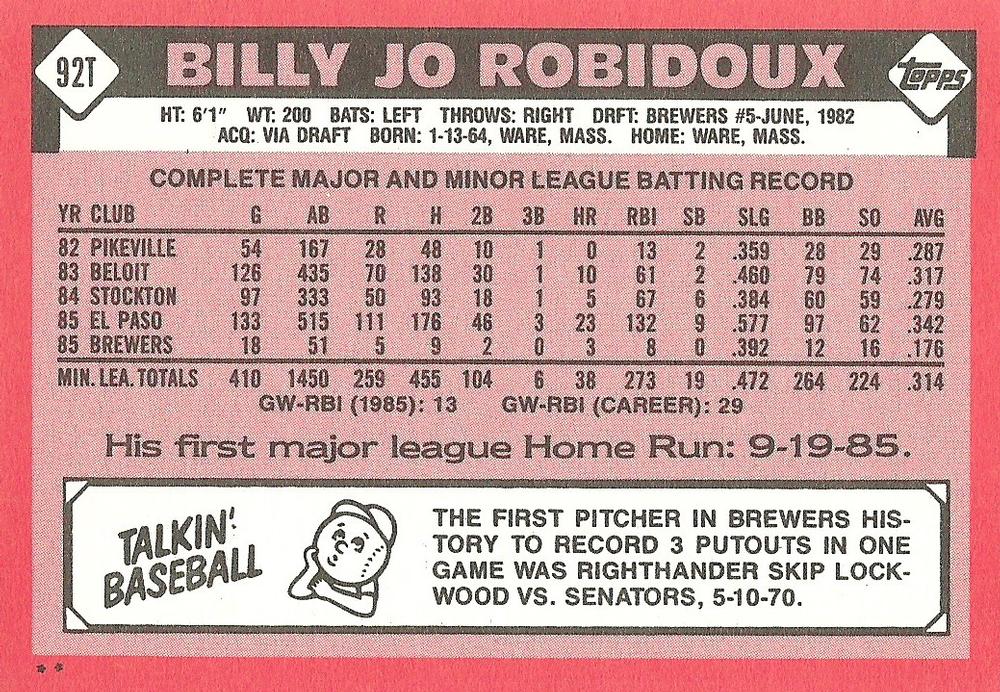 Billy Jo Robidoux  baseball card collectible - Main Image 2