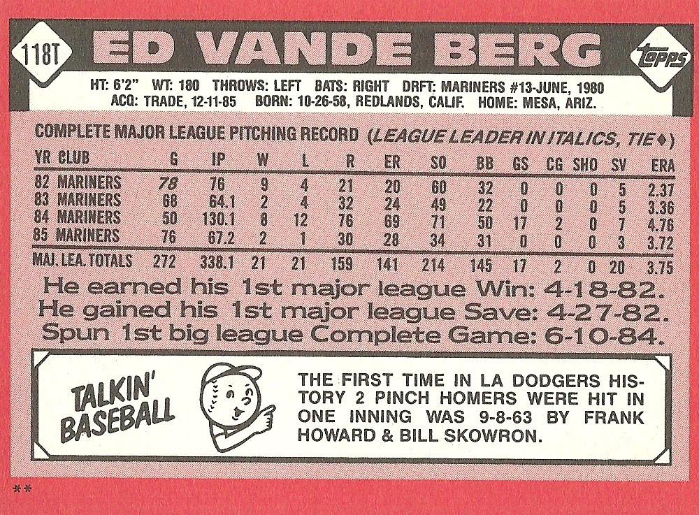 Ed Vande Berg  baseball card collectible - Main Image 2