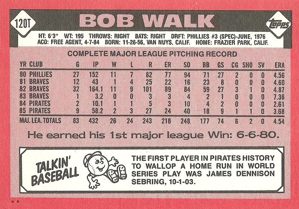 Bob Walk  baseball card collectible - Main Image 2