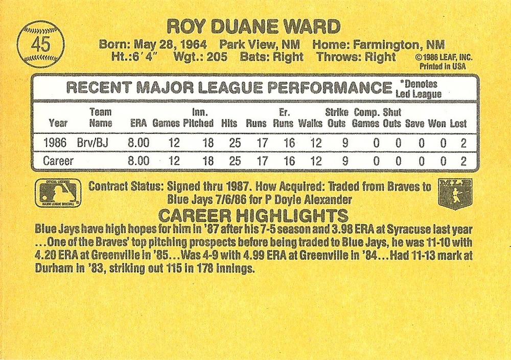 Duane Ward  baseball card collectible - Main Image 2