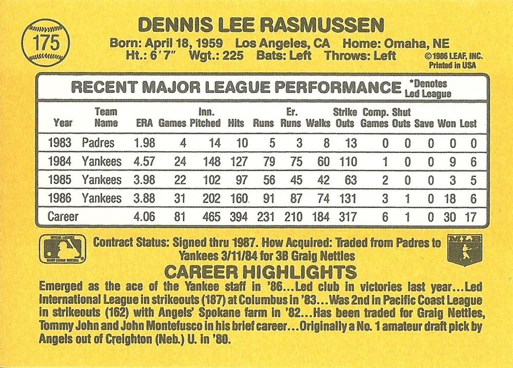 Dennis Rasmussen  baseball card collectible - Main Image 2