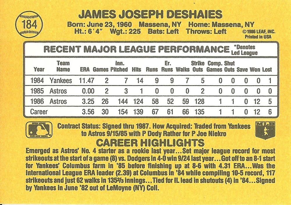 Jim Deshaies  baseball card collectible - Main Image 2