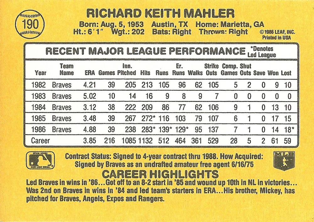 Rick Mahler  baseball card collectible - Main Image 2