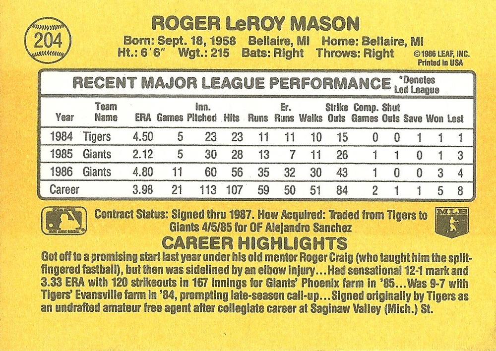 Roger Mason  baseball card collectible - Main Image 2