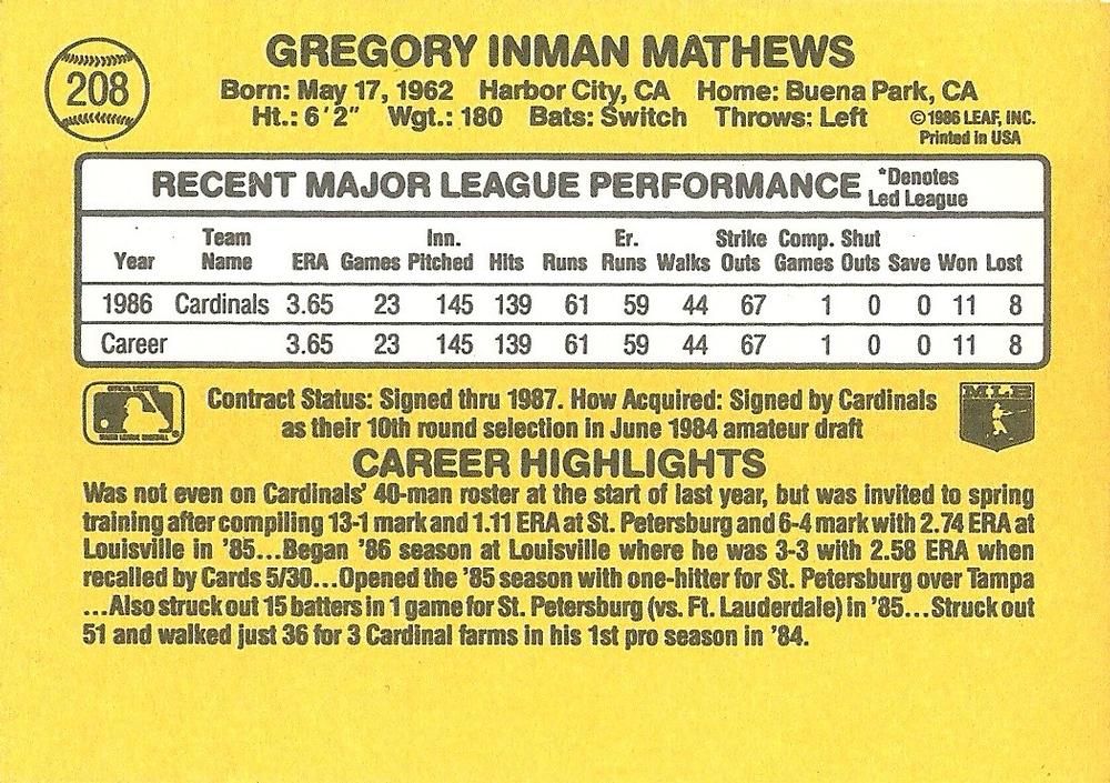 Greg Mathews  baseball card collectible - Main Image 2