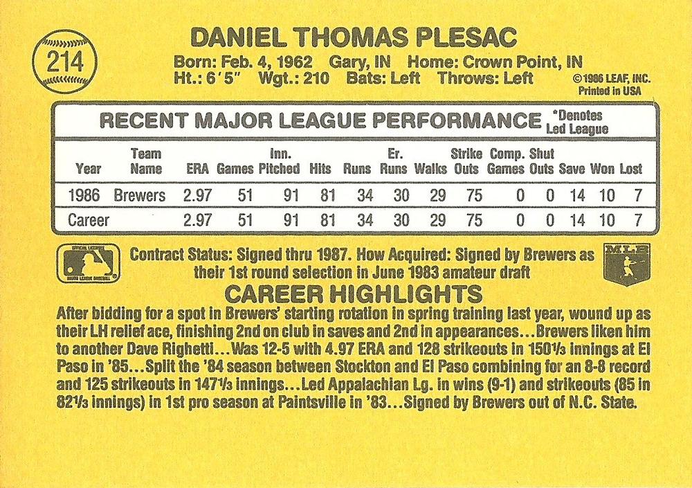 Dan Plesac  baseball card collectible - Main Image 2