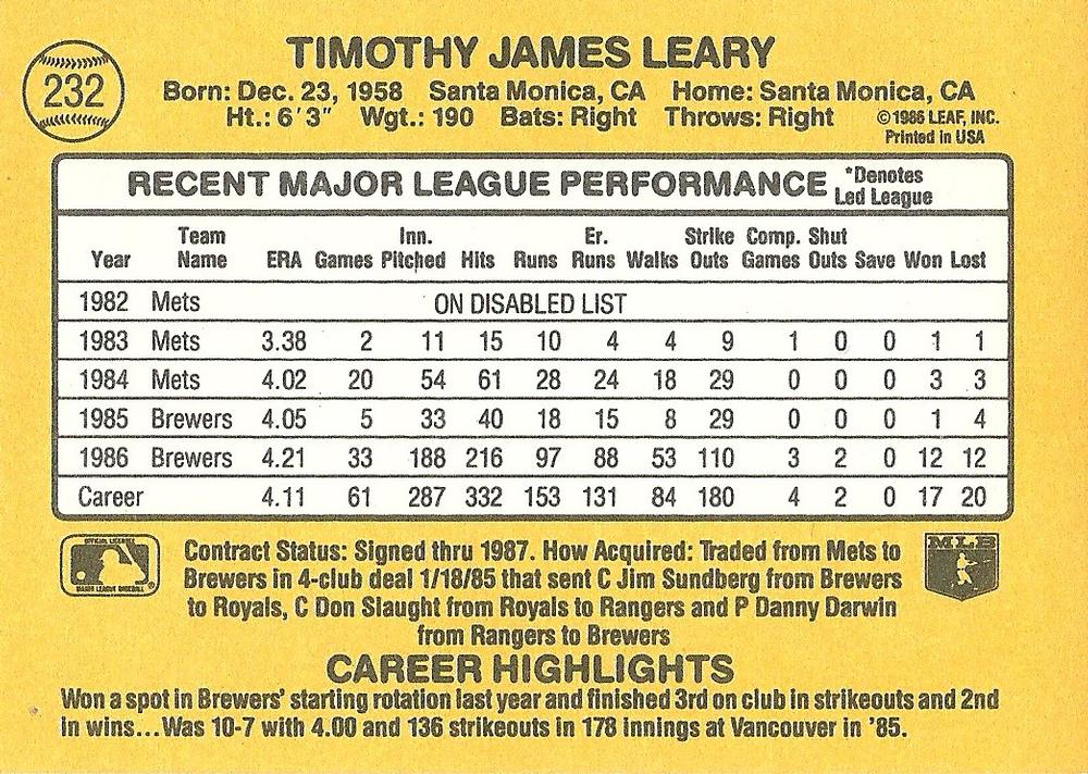 Tim Leary  baseball card collectible - Main Image 2