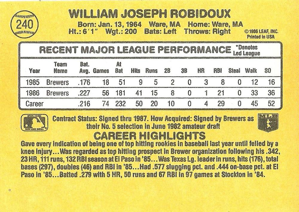 Billy Jo Robidoux  baseball card collectible - Main Image 2