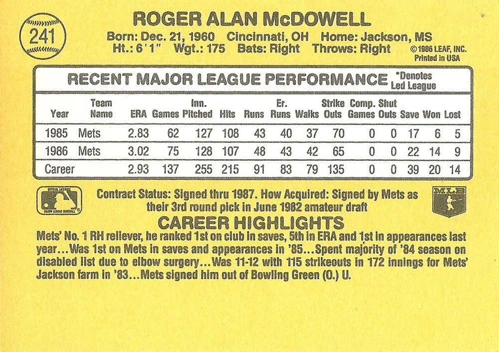 Roger McDowell  baseball card collectible - Main Image 2
