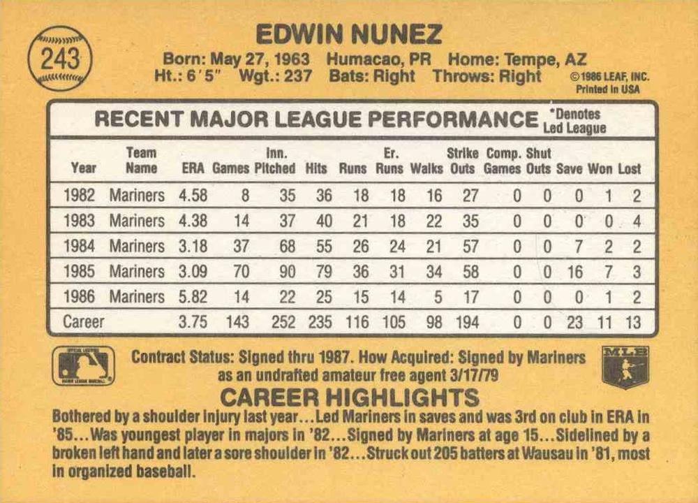 Ed Nunez  baseball card collectible - Main Image 2