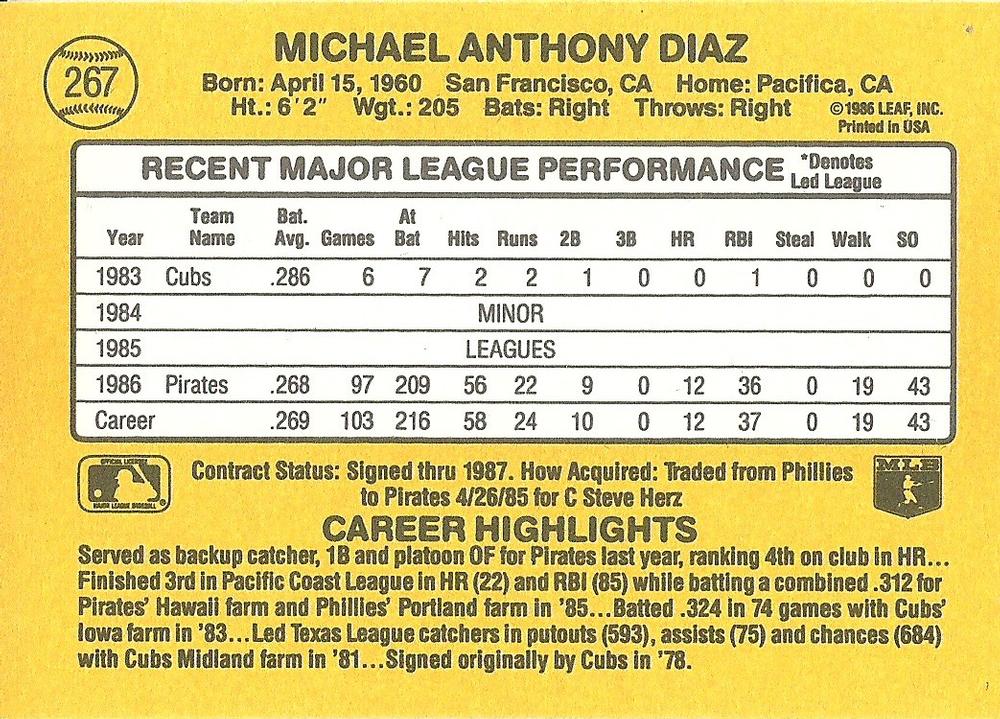 Mike Diaz  baseball card collectible - Main Image 2