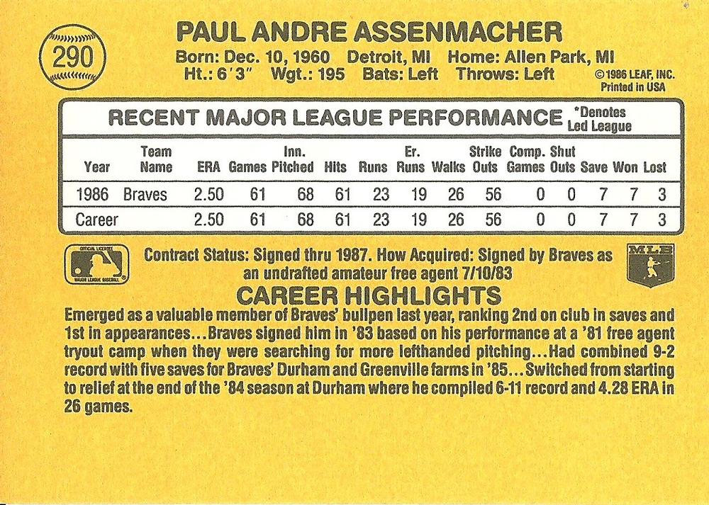 Paul Assenmacher  baseball card collectible - Main Image 2