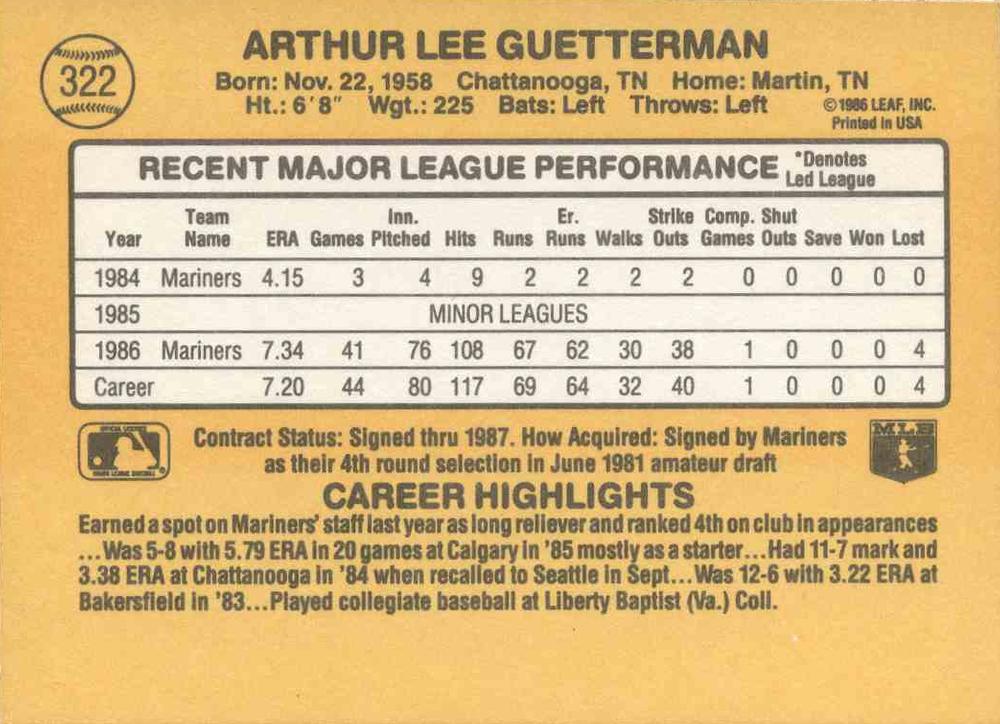 Lee Guetterman  baseball card collectible - Main Image 2