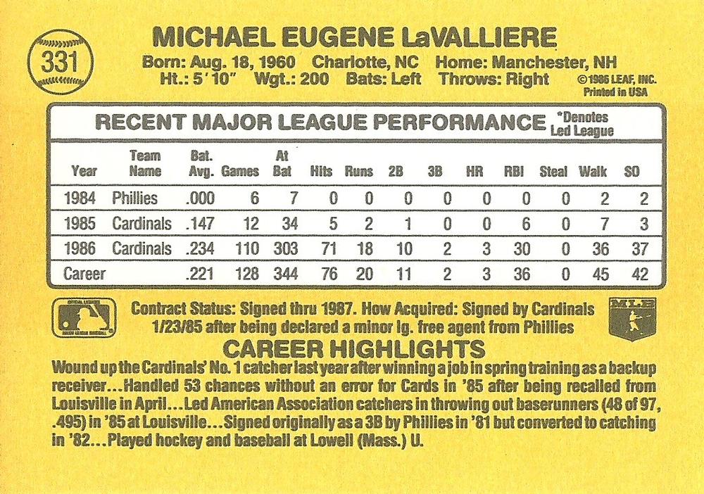 Mike LaValliere  baseball card collectible - Main Image 2