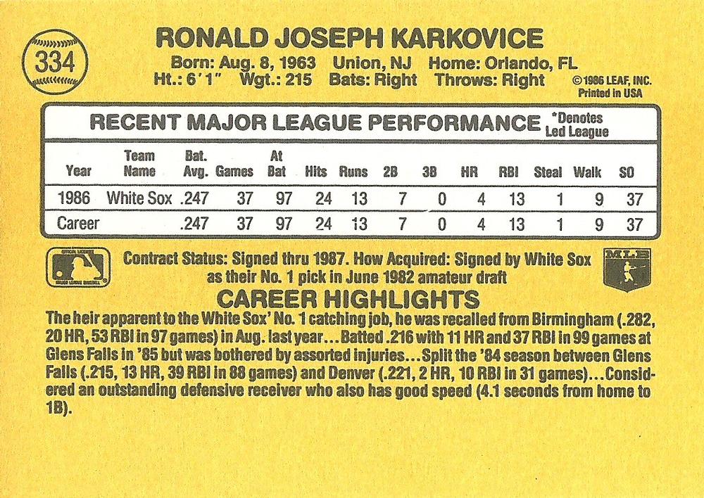 Ron Karkovice  baseball card collectible - Main Image 2