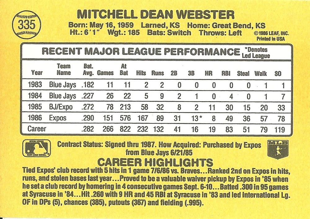 Mitch Webster  baseball card collectible - Main Image 2