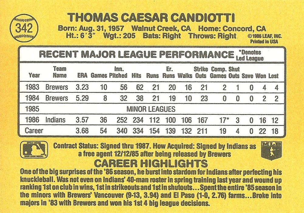 Tom Candiotti  baseball card collectible - Main Image 2