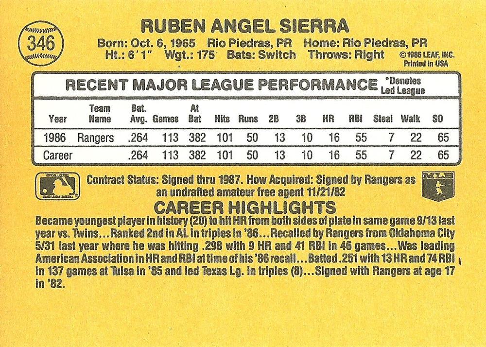 Ruben Sierra  baseball card collectible - Main Image 2