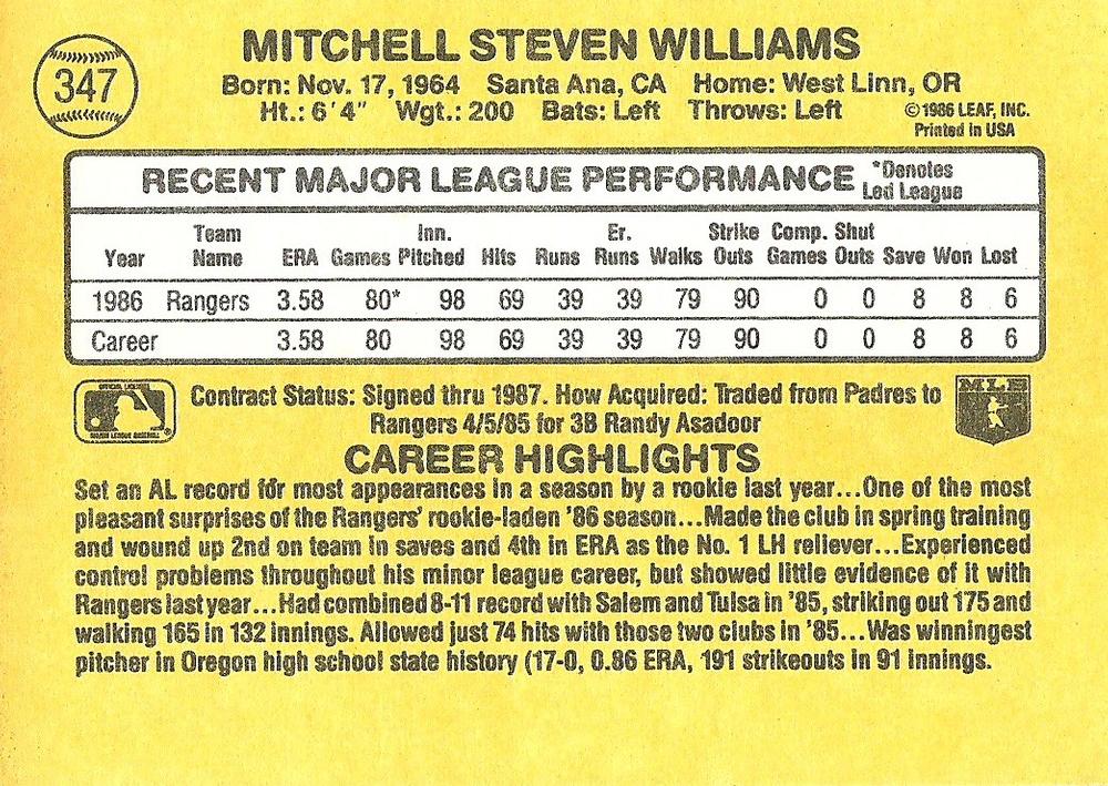Mitch Williams  baseball card collectible - Main Image 2