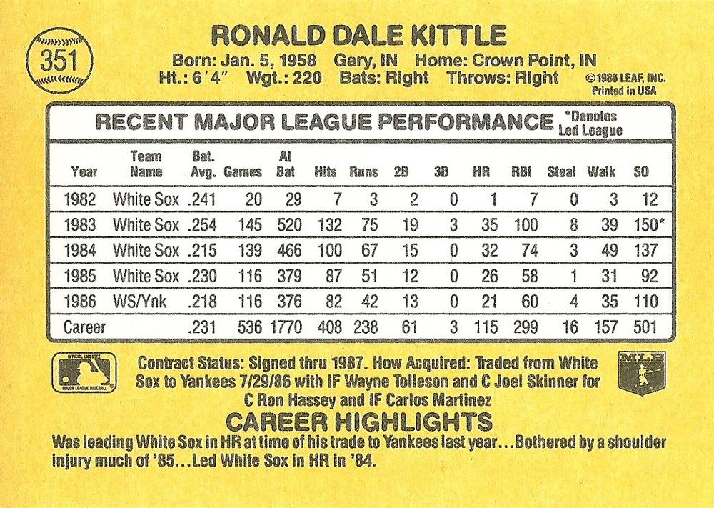 Ron Kittle  baseball card collectible - Main Image 2