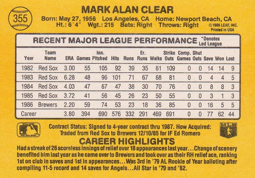 Mark Clear  baseball card collectible - Main Image 2