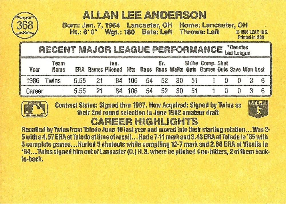 Allan Anderson  baseball card collectible - Main Image 2