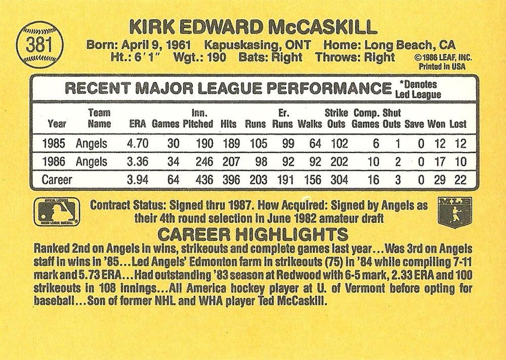 Kirk McCaskill  baseball card collectible - Main Image 2