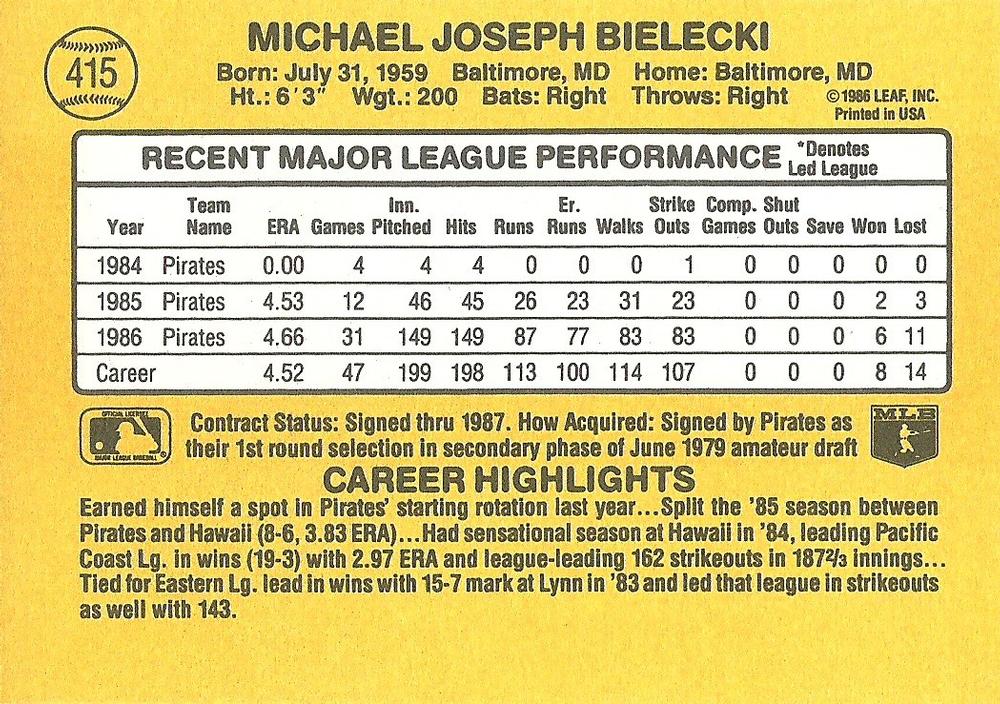 Mike Bielecki  baseball card collectible - Main Image 2
