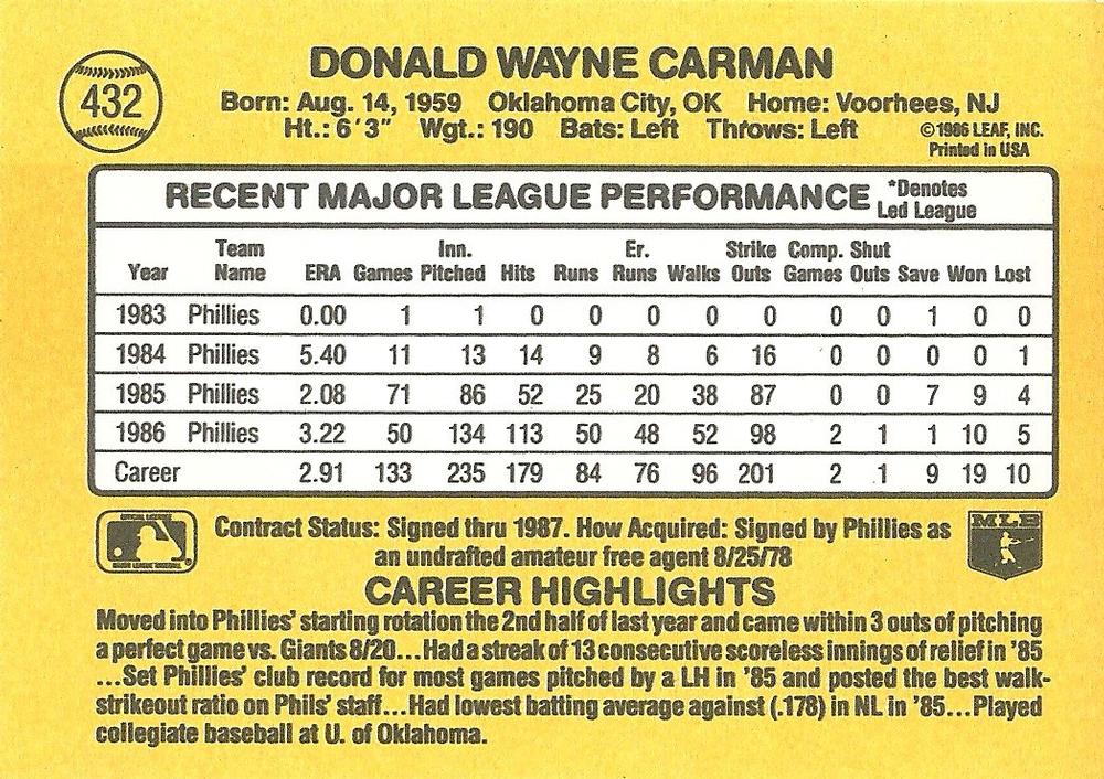 Don Carman  baseball card collectible - Main Image 2