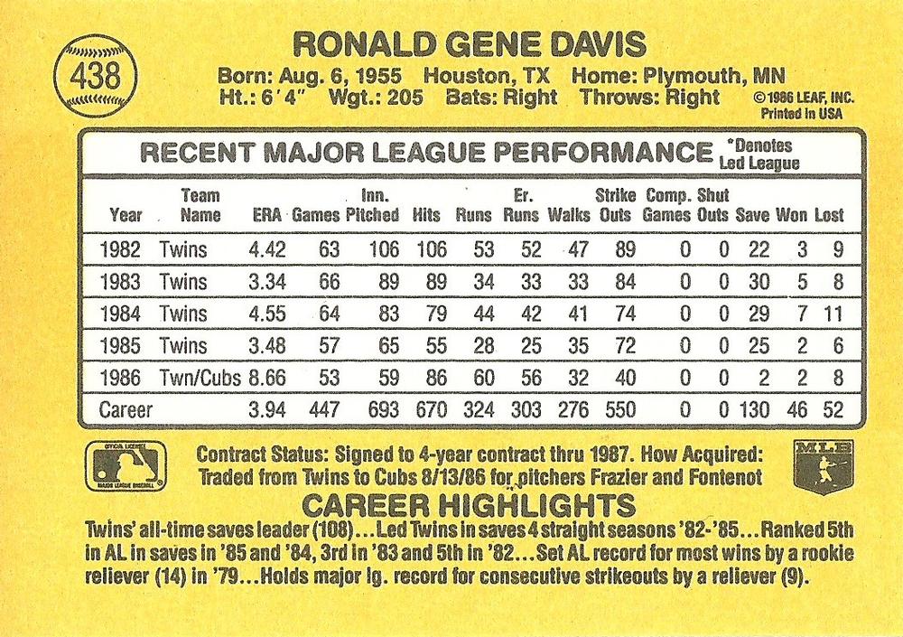 Ron Davis  baseball card collectible - Main Image 2