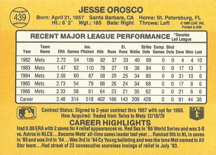 Jesse Orosco  baseball card collectible - Main Image 2
