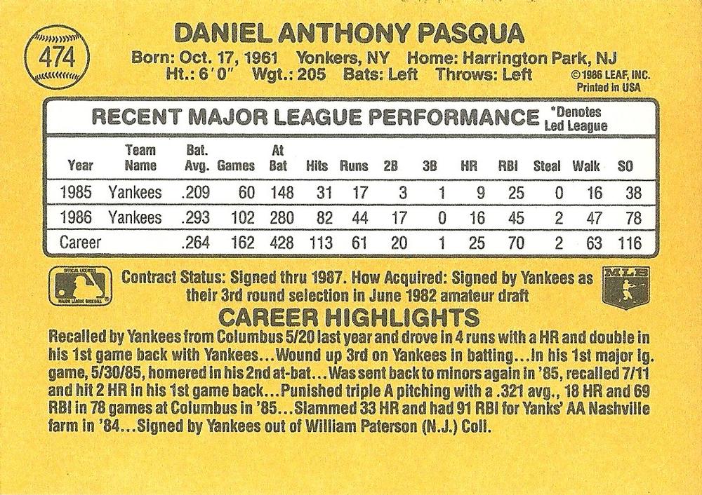 Dan Pasqua  baseball card collectible - Main Image 2