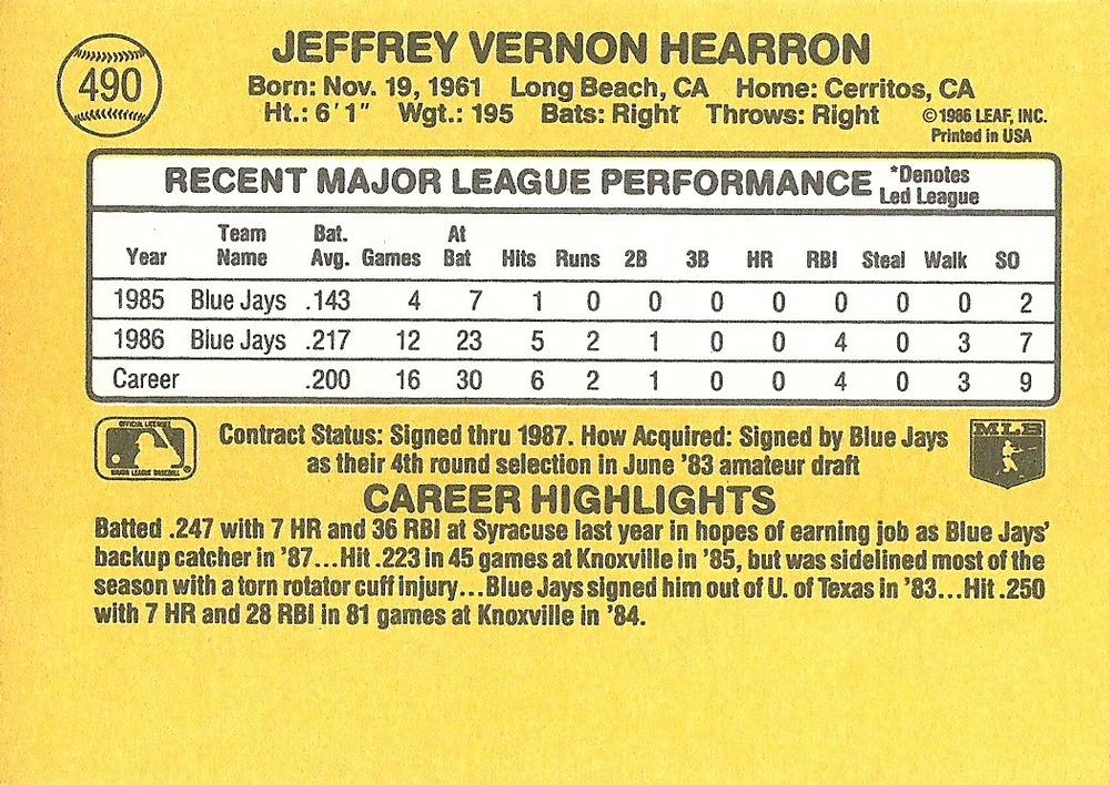 Jeff Hearron  baseball card collectible - Main Image 2