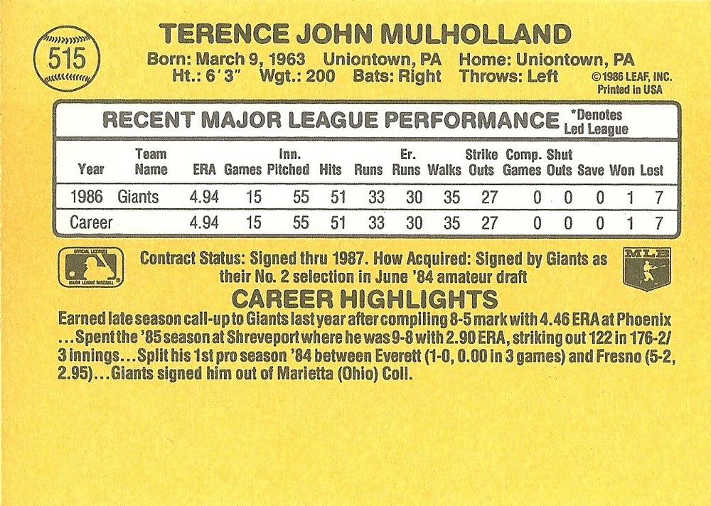 Terry Mulholland  baseball card collectible - Main Image 2