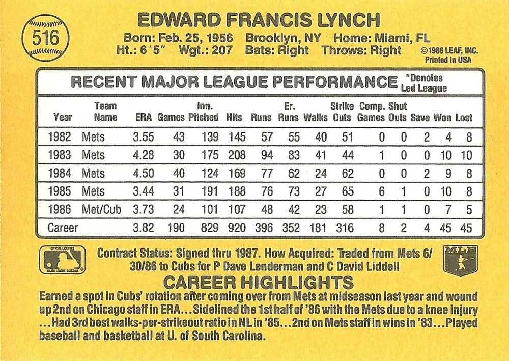 Ed Lynch  baseball card collectible - Main Image 2
