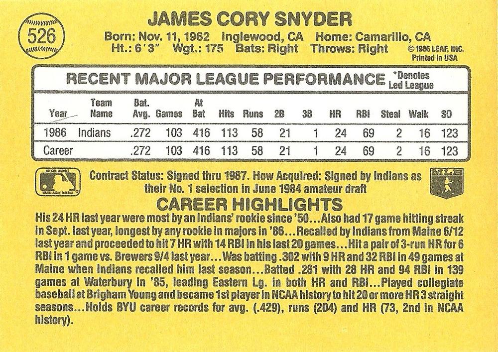 Cory Snyder  baseball card collectible - Main Image 2