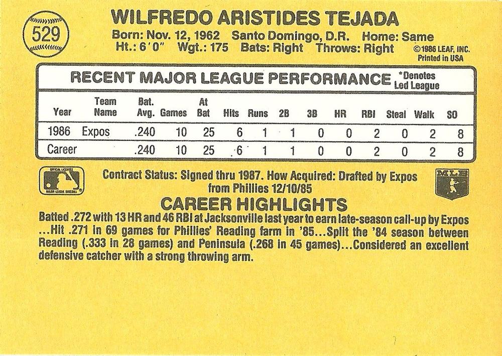 Wilfredo Tejada  baseball card collectible - Main Image 2