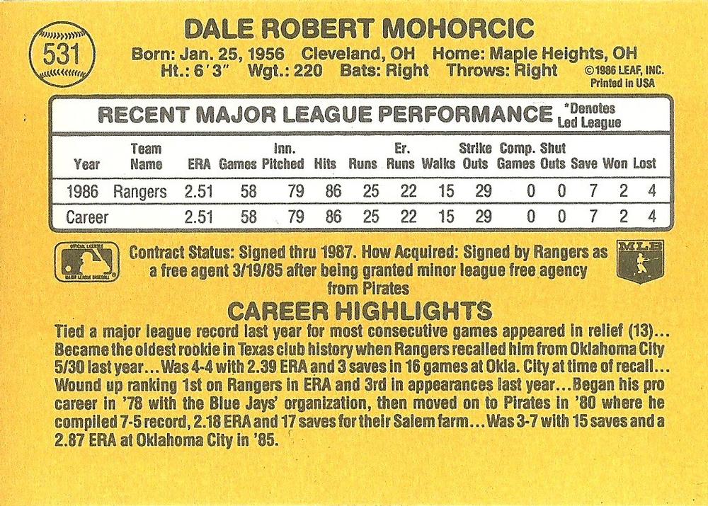 Dale Mohorcic  baseball card collectible - Main Image 2