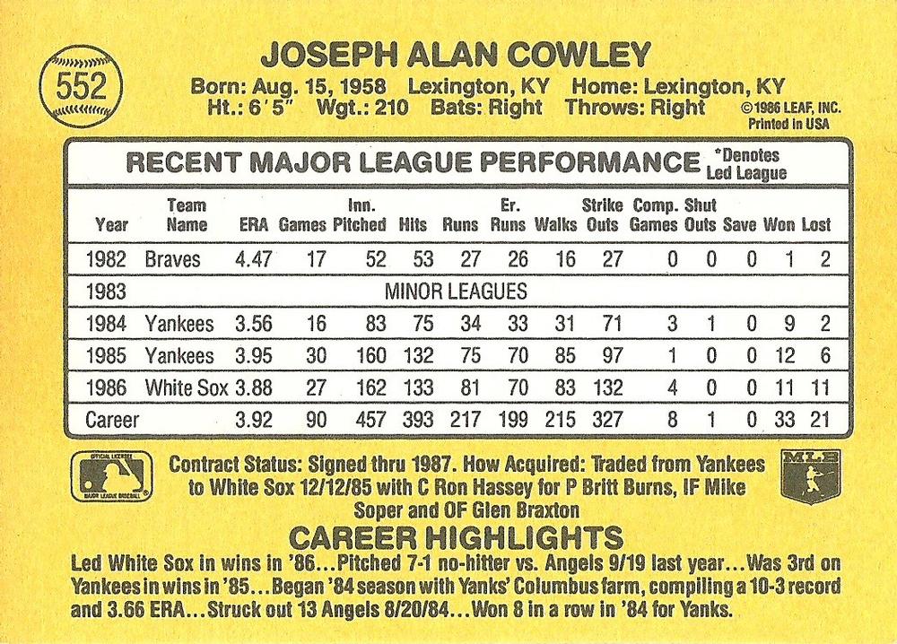 Joe Cowley  baseball card collectible - Main Image 2