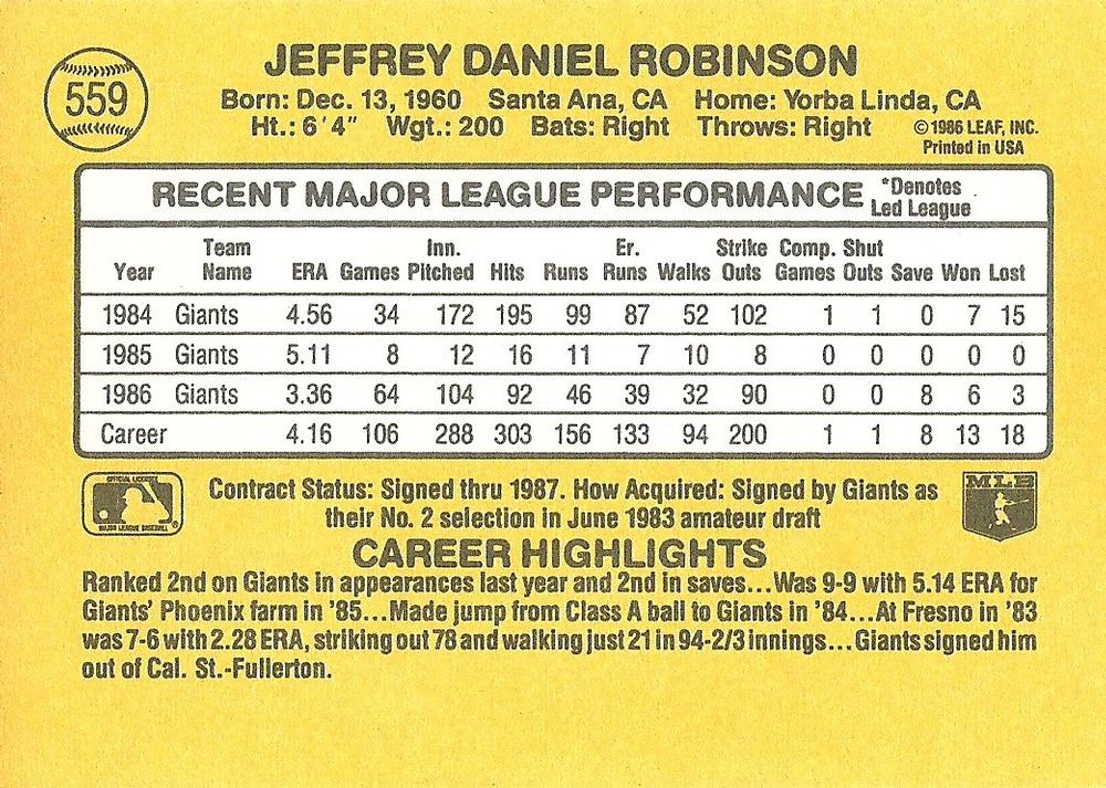 Jeff Robinson  baseball card collectible - Main Image 2