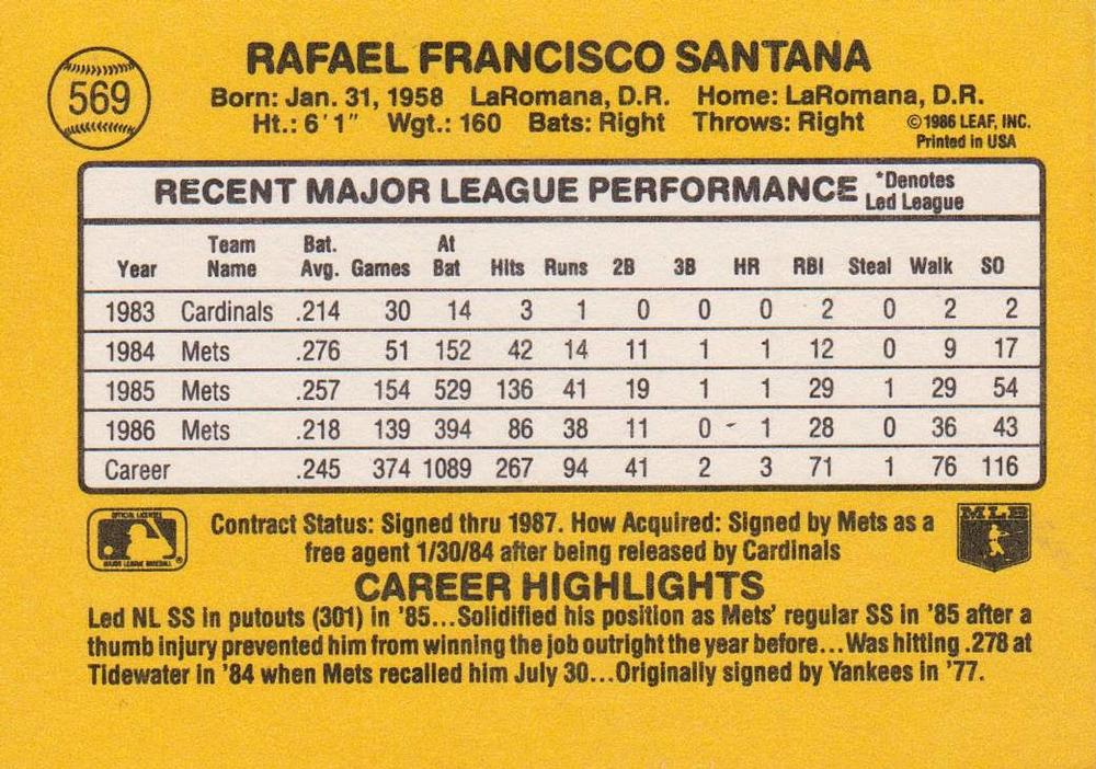 Rafael Santana  baseball card collectible - Main Image 2