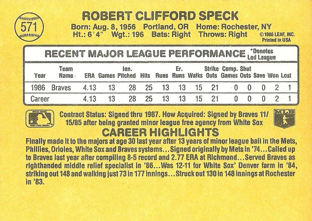 Cliff Speck  baseball card collectible - Main Image 2