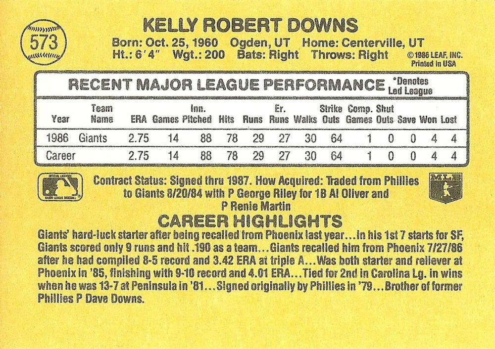 Kelly Downs  baseball card collectible - Main Image 2