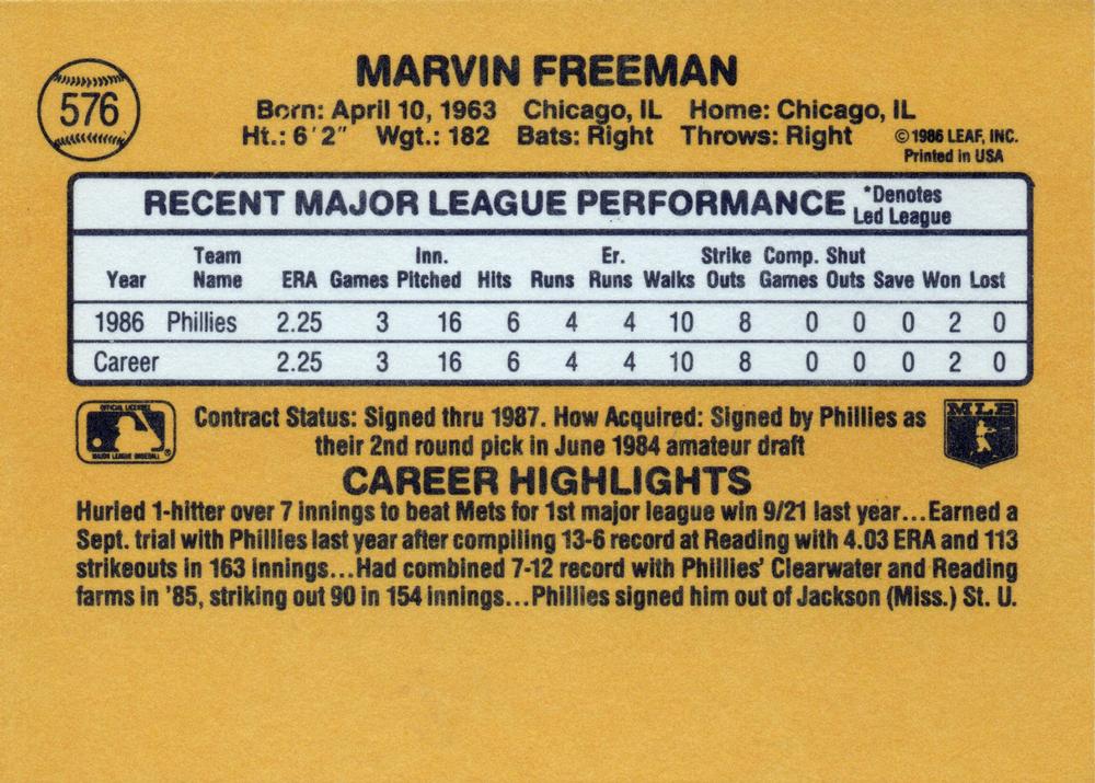 Marvin Freeman  baseball card collectible - Main Image 2