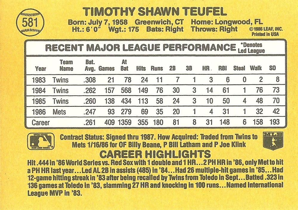 Tim Teufel  baseball card collectible - Main Image 2